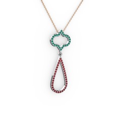 Kök zümrüt ve garnet 14 ayar beyaz altın kolye (40 cm gümüş rolo zincir)