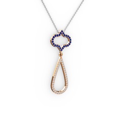 Lab safir ve beyaz zirkon 18 ayar rose altın kolye (40 cm beyaz altın rolo zincir)