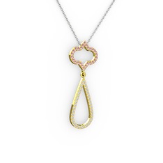 Pembe kuvars ve beyaz zirkon 14 ayar altın kolye (40 cm beyaz altın rolo zincir)