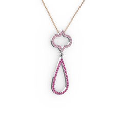 Pembe kuvars ve rodolit garnet 18 ayar beyaz altın kolye (40 cm rose altın rolo zincir)
