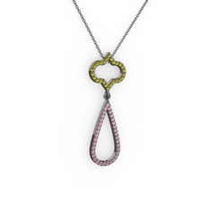 Vidonia Kolye - Peridot ve pembe kuvars 925 ayar siyah rodyum kaplama gümüş kolye (40 cm gümüş rolo zincir) #xtu2to