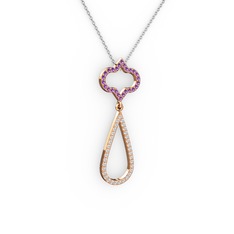 Ametist ve pırlanta 8 ayar rose altın kolye (0.324 karat, 40 cm beyaz altın rolo zincir)