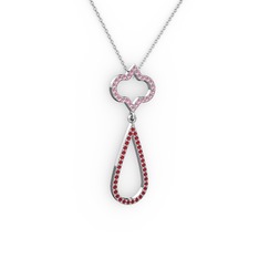 Pembe kuvars ve garnet 14 ayar beyaz altın kolye (40 cm beyaz altın rolo zincir)