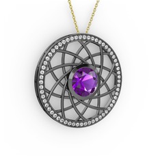 Ametist ve swarovski 925 ayar siyah rodyum kaplama gümüş kolye (40 cm altın rolo zincir)