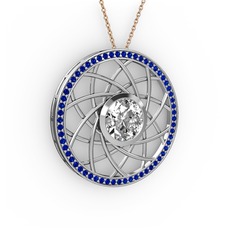 Beyaz zirkon ve lab safir 8 ayar beyaz altın kolye (40 cm rose altın rolo zincir)
