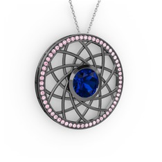 Vanida Kolye - Lab safir ve pembe kuvars 925 ayar siyah rodyum kaplama gümüş kolye (40 cm beyaz altın rolo zincir) #11he2g9