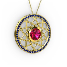 Rodolit garnet ve lab safir 8 ayar altın kolye (40 cm gümüş rolo zincir)