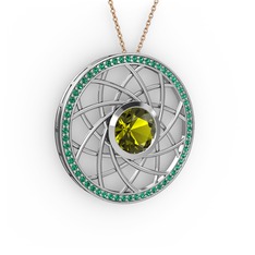 Peridot ve yeşil kuvars 8 ayar beyaz altın kolye (40 cm rose altın rolo zincir)