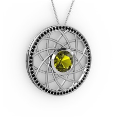 Peridot ve siyah zirkon 8 ayar beyaz altın kolye (40 cm beyaz altın rolo zincir)