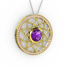 Vanida Kolye - Ametist ve pembe kuvars 14 ayar altın kolye (40 cm gümüş rolo zincir) #173cb61