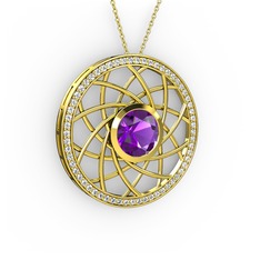 Ametist ve pırlanta 18 ayar altın kolye (0.66 karat, 40 cm altın rolo zincir)