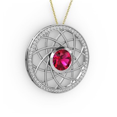 Rodolit garnet ve beyaz zirkon 8 ayar beyaz altın kolye (40 cm gümüş rolo zincir)