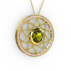 Vanida Kolye - Peridot ve pembe kuvars 8 ayar altın kolye (40 cm gümüş rolo zincir) #1cz68ls