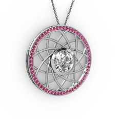 Beyaz zirkon ve rodolit garnet 8 ayar beyaz altın kolye (40 cm gümüş rolo zincir)