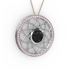 Siyah zirkon ve pembe kuvars 925 ayar gümüş kolye (40 cm rose altın rolo zincir)
