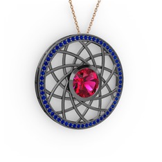 Rodolit garnet ve lab safir 925 ayar siyah rodyum kaplama gümüş kolye (40 cm gümüş rolo zincir)