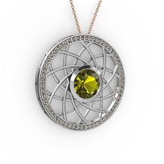 Peridot ve dumanlı kuvars 18 ayar beyaz altın kolye (40 cm rose altın rolo zincir)