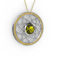 Peridot ve sitrin 14 ayar beyaz altın kolye (40 cm gümüş rolo zincir)