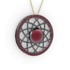 Kök yakut ve garnet 925 ayar siyah rodyum kaplama gümüş kolye (40 cm altın rolo zincir)