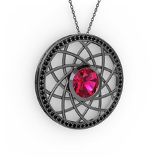 Vanida Kolye - Rodolit garnet ve siyah zirkon 925 ayar siyah rodyum kaplama gümüş kolye (40 cm gümüş rolo zincir) #1jkgdk3