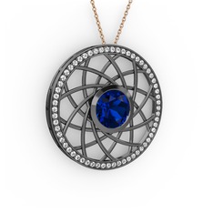 Vanida Kolye - Lab safir ve beyaz zirkon 925 ayar siyah rodyum kaplama gümüş kolye (40 cm rose altın rolo zincir) #1katwws