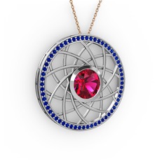 Rodolit garnet ve lab safir 8 ayar beyaz altın kolye (40 cm rose altın rolo zincir)