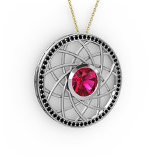 Rodolit garnet ve siyah zirkon 8 ayar beyaz altın kolye (40 cm altın rolo zincir)