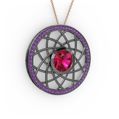 Vanida Kolye - Rodolit garnet ve ametist 925 ayar siyah rodyum kaplama gümüş kolye (40 cm rose altın rolo zincir) #1m3r9w