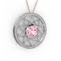 Pembe kuvars ve swarovski 8 ayar beyaz altın kolye (40 cm rose altın rolo zincir)