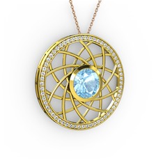 Vanida Kolye - Akuamarin ve beyaz zirkon 18 ayar altın kolye (40 cm rose altın rolo zincir) #1n0paz2