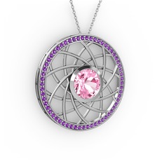 Vanida Kolye - Pembe kuvars ve ametist 8 ayar beyaz altın kolye (40 cm gümüş rolo zincir) #1nxvrrb