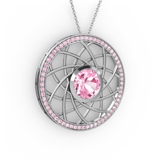 Pembe kuvars 14 ayar beyaz altın kolye (40 cm beyaz altın rolo zincir)