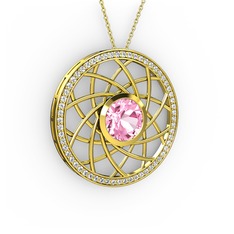 Pembe kuvars ve swarovski 14 ayar altın kolye (40 cm altın rolo zincir)