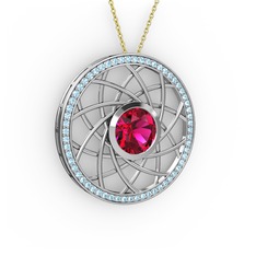 Rodolit garnet ve akuamarin 18 ayar beyaz altın kolye (40 cm altın rolo zincir)