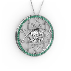 Beyaz zirkon ve yeşil kuvars 925 ayar gümüş kolye (40 cm beyaz altın rolo zincir)