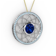 Lab safir ve akuamarin 18 ayar beyaz altın kolye (40 cm altın rolo zincir)