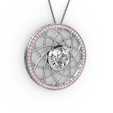 Swarovski ve pembe kuvars 925 ayar gümüş kolye (40 cm gümüş rolo zincir)