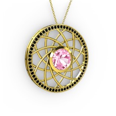 Pembe kuvars ve siyah zirkon 14 ayar altın kolye (40 cm gümüş rolo zincir)