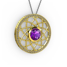 Ametist ve dumanlı kuvars 8 ayar altın kolye (40 cm gümüş rolo zincir)