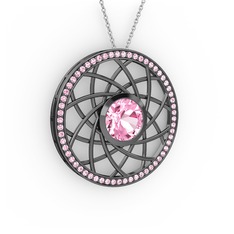 Pembe kuvars 925 ayar siyah rodyum kaplama gümüş kolye (40 cm gümüş rolo zincir)