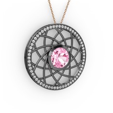 Vanida Kolye - Pembe kuvars ve swarovski 925 ayar siyah rodyum kaplama gümüş kolye (40 cm rose altın rolo zincir) #6gkfut