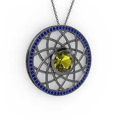 Peridot ve lab safir 925 ayar siyah rodyum kaplama gümüş kolye (40 cm gümüş rolo zincir)