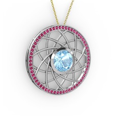 Akuamarin ve rodolit garnet 18 ayar beyaz altın kolye (40 cm altın rolo zincir)