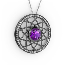 Vanida Kolye - Ametist ve pırlanta 925 ayar siyah rodyum kaplama gümüş kolye (0.66 karat, 40 cm beyaz altın rolo zincir) #8w8f0i