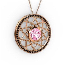 Pembe kuvars ve siyah zirkon 14 ayar rose altın kolye (40 cm rose altın rolo zincir)