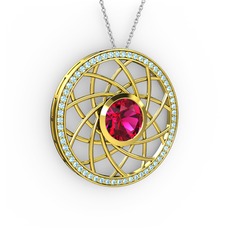 Rodolit garnet ve akuamarin 18 ayar altın kolye (40 cm beyaz altın rolo zincir)