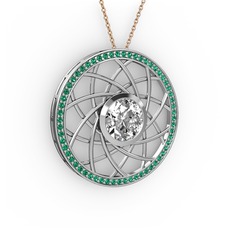 Swarovski ve yeşil kuvars 14 ayar beyaz altın kolye (40 cm rose altın rolo zincir)