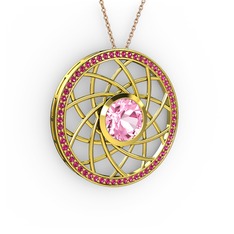 Pembe kuvars ve rodolit garnet 8 ayar altın kolye (40 cm rose altın rolo zincir)
