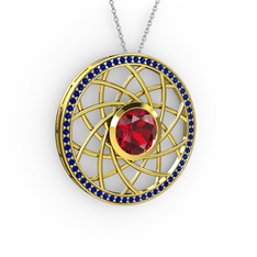 Garnet ve lab safir 18 ayar altın kolye (40 cm gümüş rolo zincir)