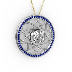 Swarovski ve lab safir 14 ayar beyaz altın kolye (40 cm gümüş rolo zincir)